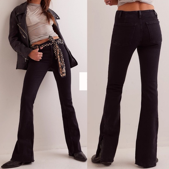 Free People X We The Free Level Up Slit Slim Flare Bootcut Jeans Pitch Black - Picture 3 of 16